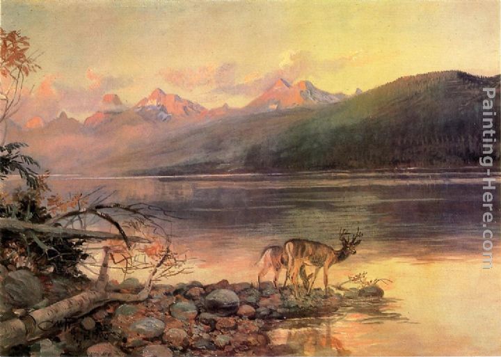 Deer at Lake McDonald painting - Charles Marion Russell Deer at Lake McDonald art painting